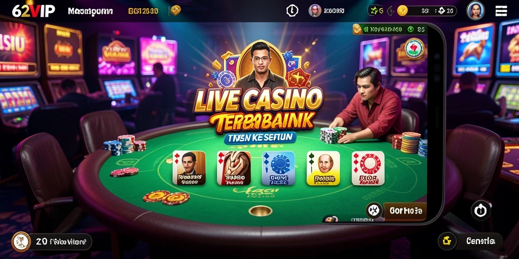 Screenshot gameplay dalam 62VIP menampilkan dealer profesional dan suasana kasino nyata.