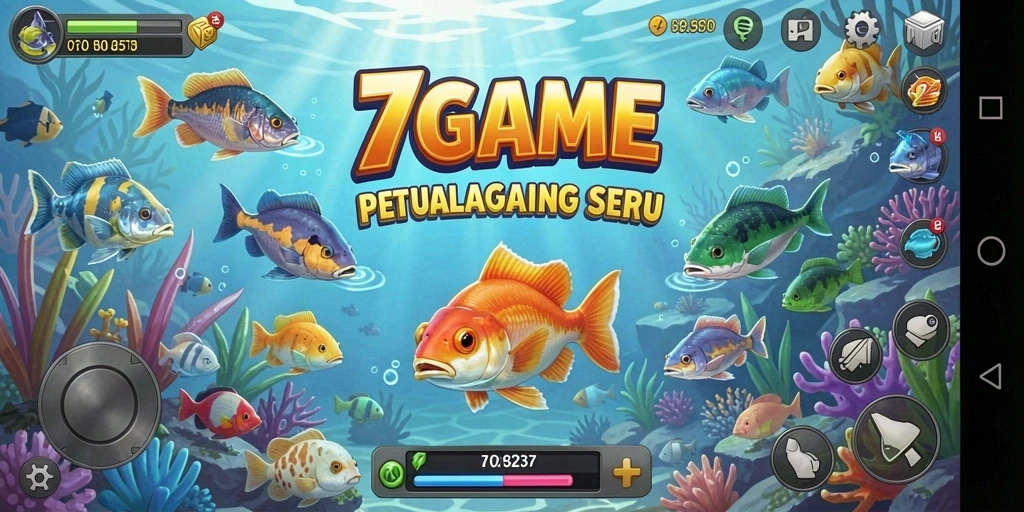 Screenshot permainan 7GAME menampilkan momen menangkap ikan.