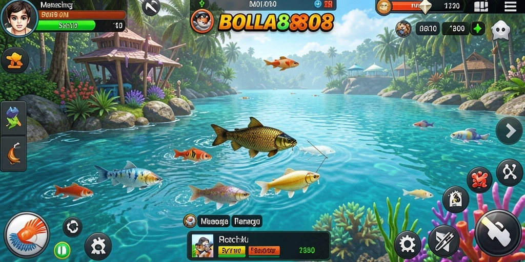 Tampilan gameplay memancing yang menarik dan penuh warna di BOLA88.