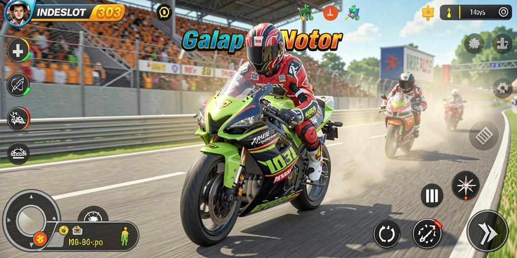 Tampilan gameplay seru dalam INDESLOT303 dengan balapan motor yang mendebarkan.
