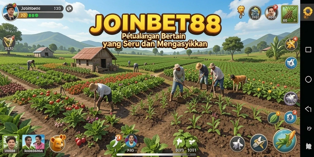 Screenshot gameplay JOINBET88 menampilkan pemandangan kebun yang indah dan interaksi petani.