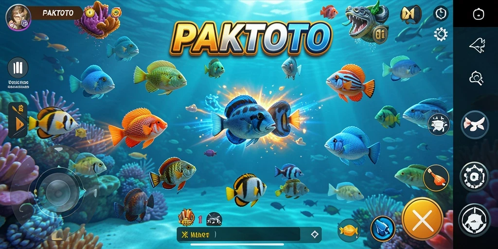 Screenshot utama PAKTOTO menampilkan aksi menembak ikan yang seru.